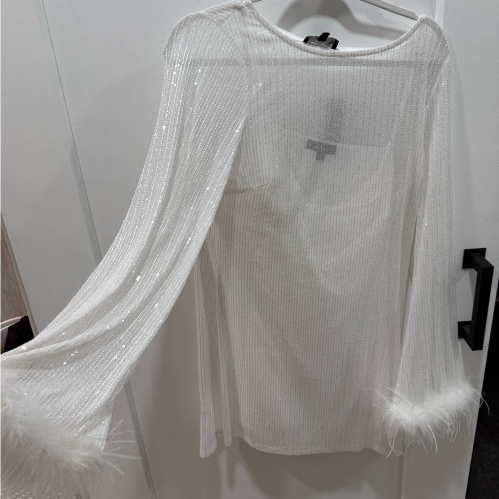 Lulu's White Sheer Blouse with Feather Cuffs